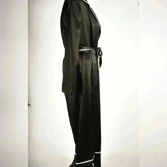 MISSGUIDED Black White Piped Poly Satin Pyjama Tie Wide  Leg Jumpsuit 8US 12UK - Picture 4 of 11